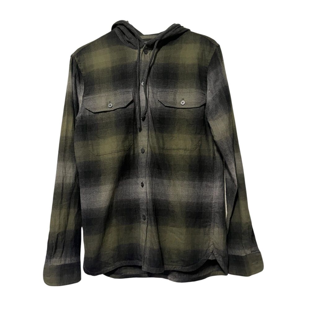 Vince Ombré Plaid Green Flannel Classic Fit Hooded Button-up Shirt Sz Small